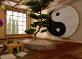 Zen room with ying and yang mural and hardwood floor