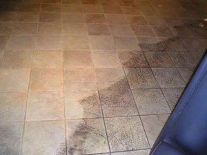 Partially cleaned tile floor with clean and dirty side to show the difference Peace Frog tile cleaning service makes