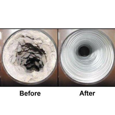 Before and After image of lint clogged dryer vent that was cleaned by Peace Frog Specialty Cleaning in Austin