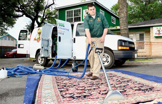 peace frog employee cleaning area rug